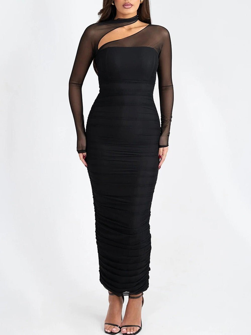 Sienna Mesh Ruched Maxi Dress in Black