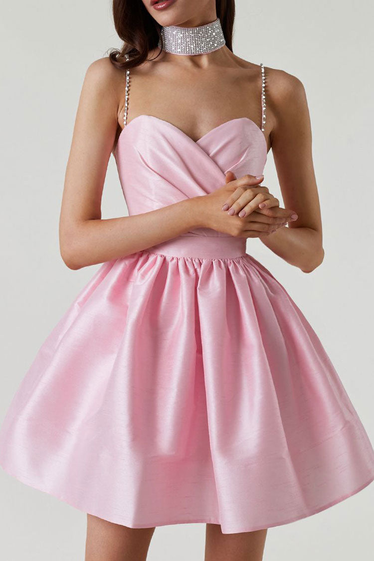 Silky Sweetheart Spaghetti Strap Pleated Satin Mini Dress - Pink