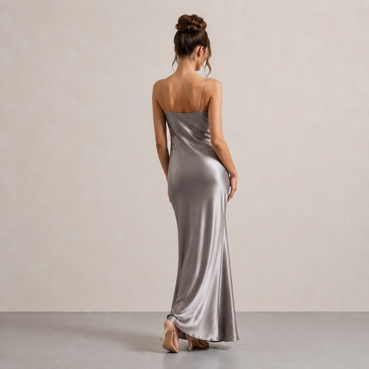 Satin V-Neck Spaghetti Strap Bias Cut Slip Maxi Dress 19