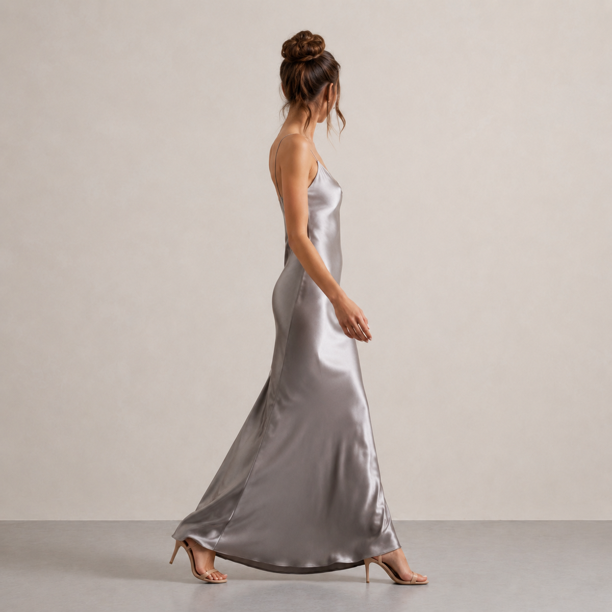 Satin V-Neck Spaghetti Strap Bias Cut Slip Maxi Dress 20