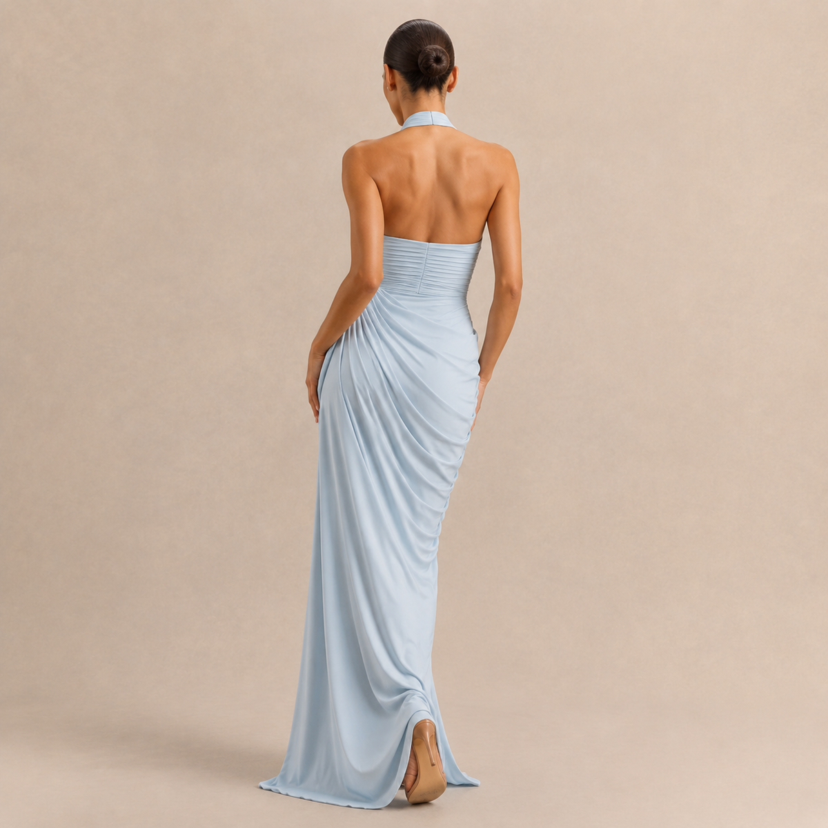 Satin Halter Neck Ruched High Split Maxi Dress 3