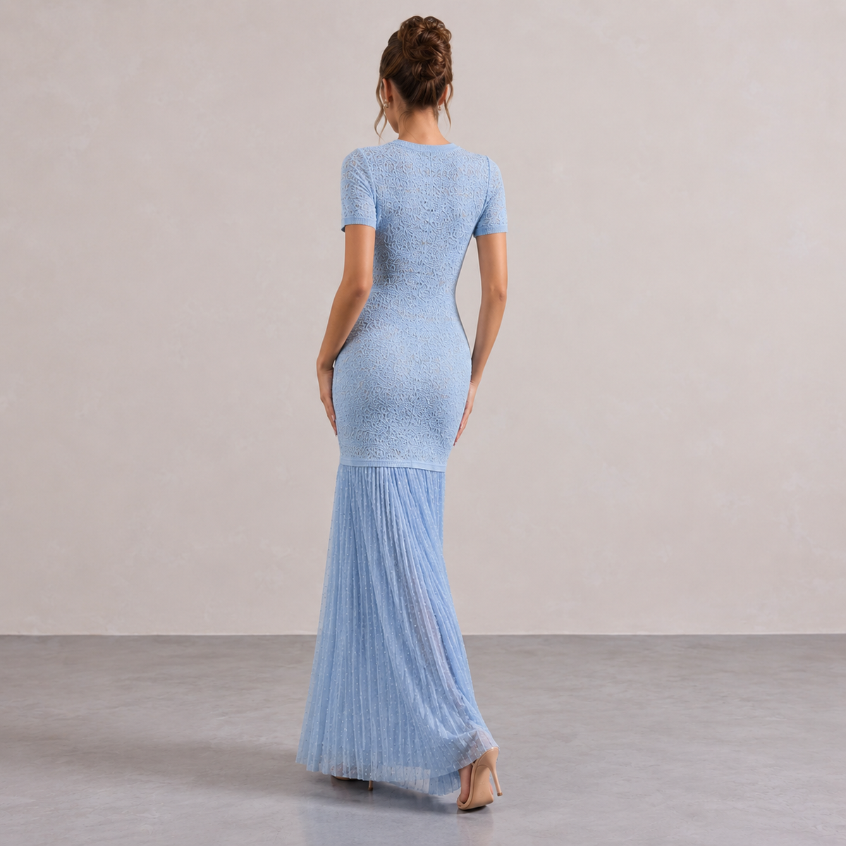 Crochet Knit Pearl Button Pleated Fishtail Maxi Dress 3