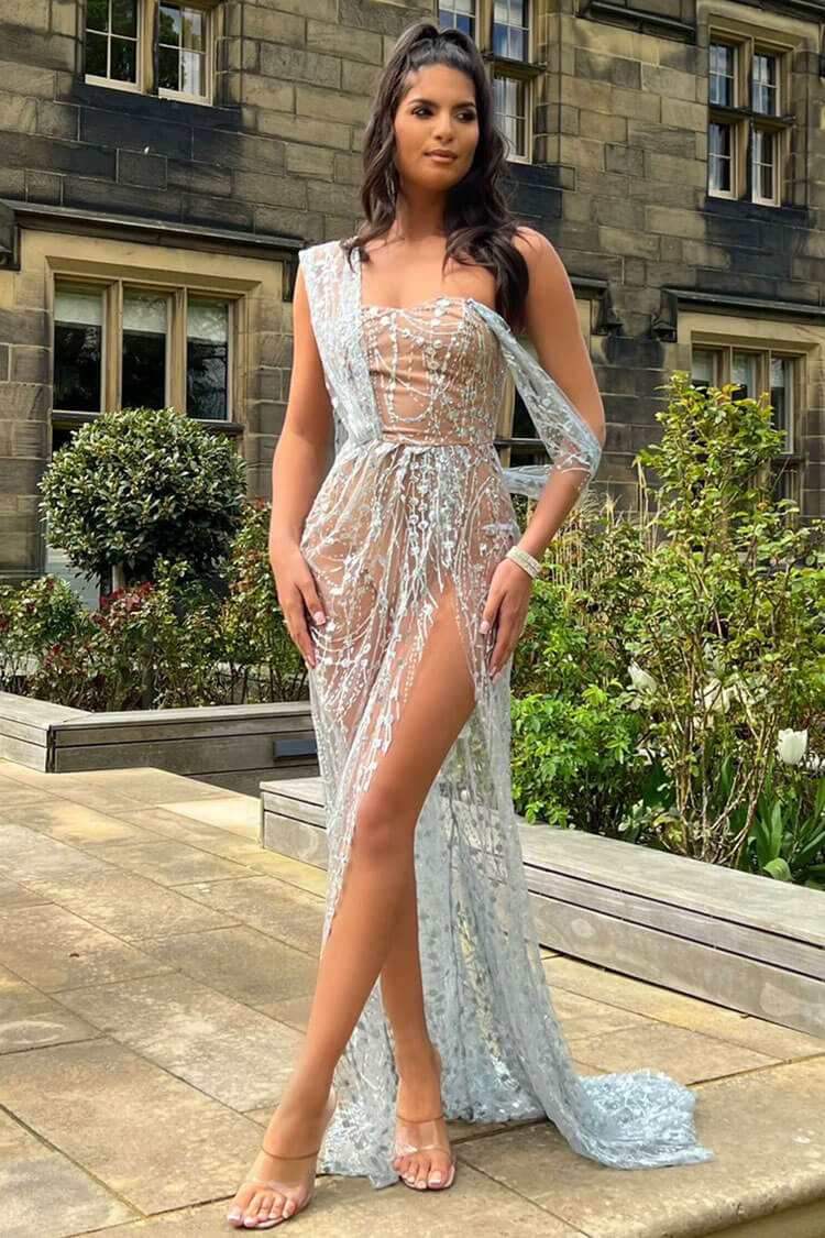 Sequin One Shoulder Draped Sheer High Split Mermaid Maxi Dress - View 5