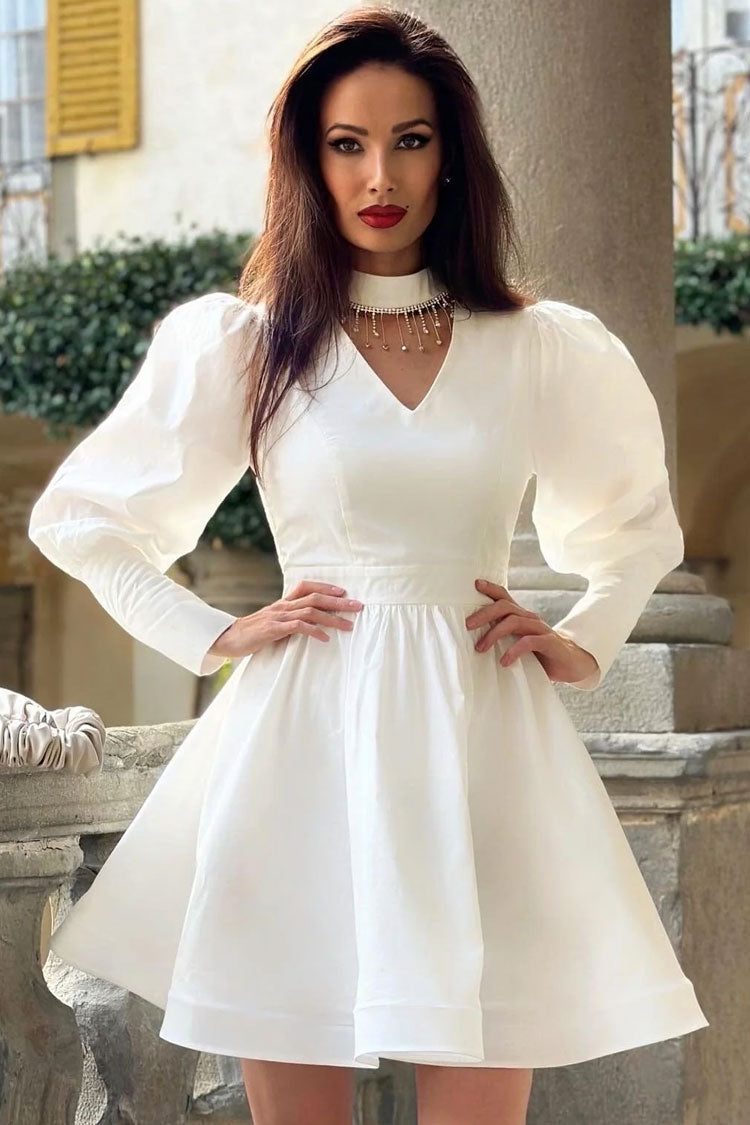 Rhinestone Fringe High Neck Fit and Flare Long Sleeve Mini Party Dress