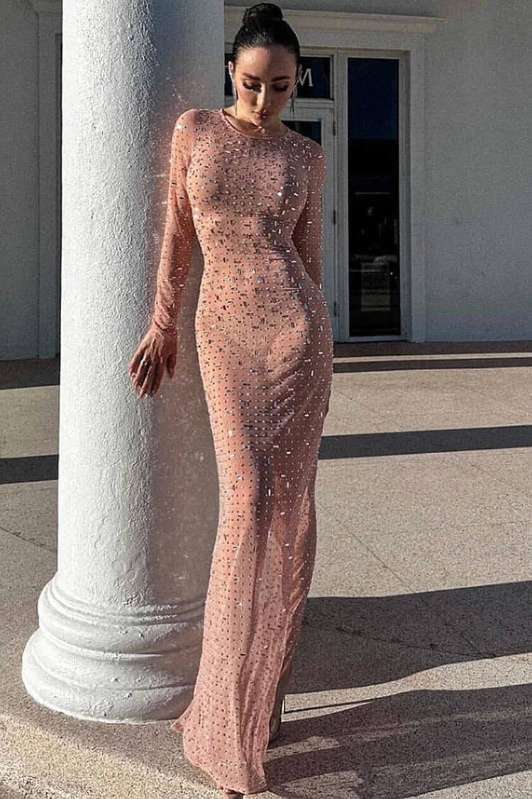 Sparkly Rhinestone Round Neck Long Sleeve Split Maxi Dress - Pink