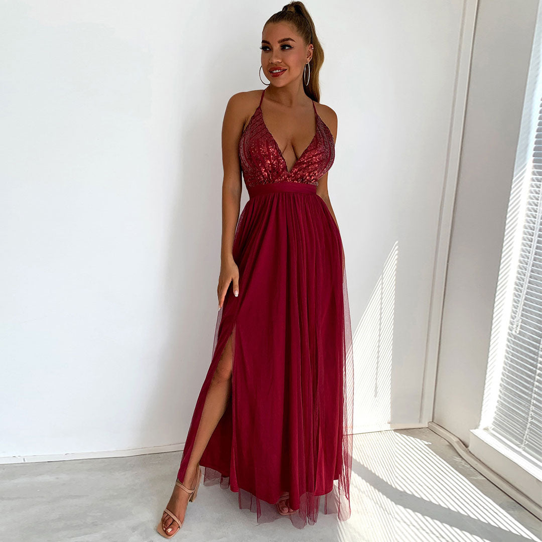Sequin Deep V-Neck Backless Tulle High Split Maxi Dress in Burgundy