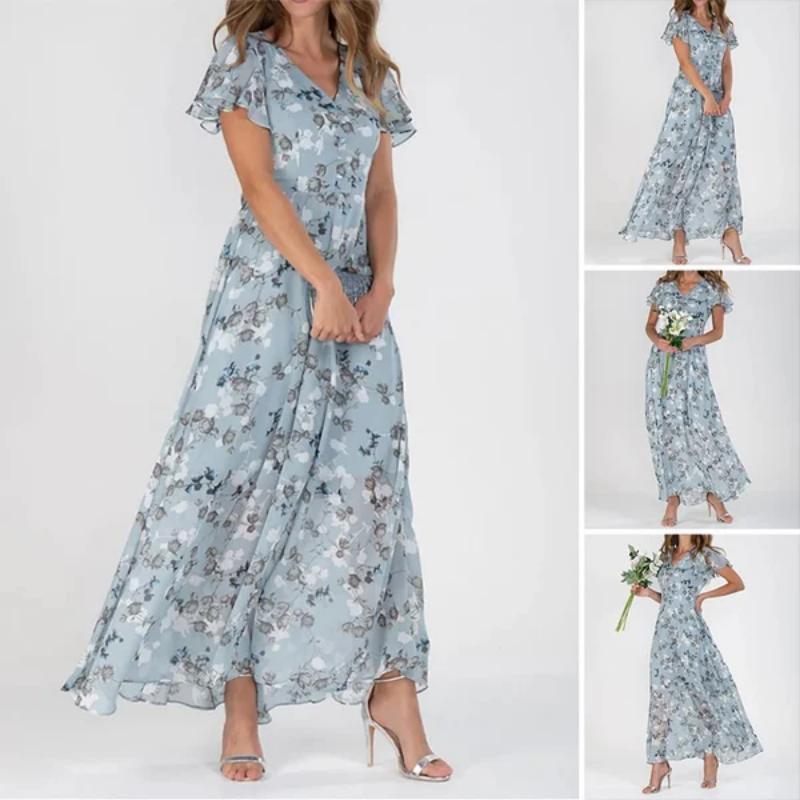 Floral Print Short Sleeve V-Neck A-Line Maxi Dress - View 3