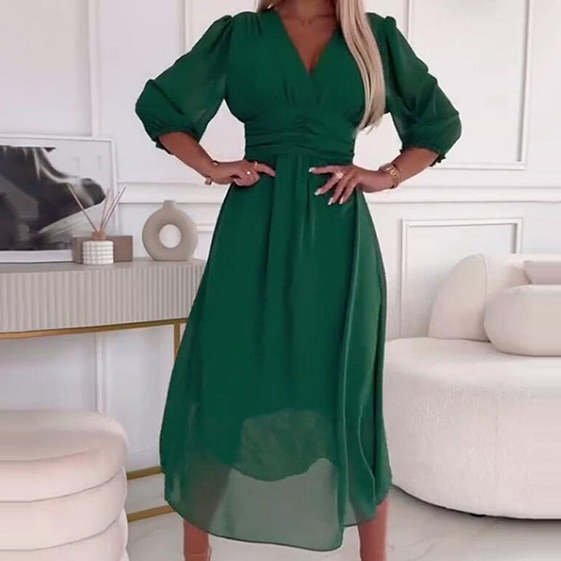 V-Neck Puff Sleeve Chiffon Maxi Dress - View 5
