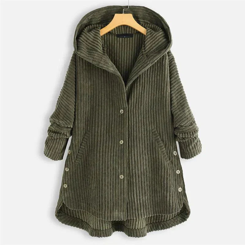 Corduroy Hooded Button Front High Low Coat 2
