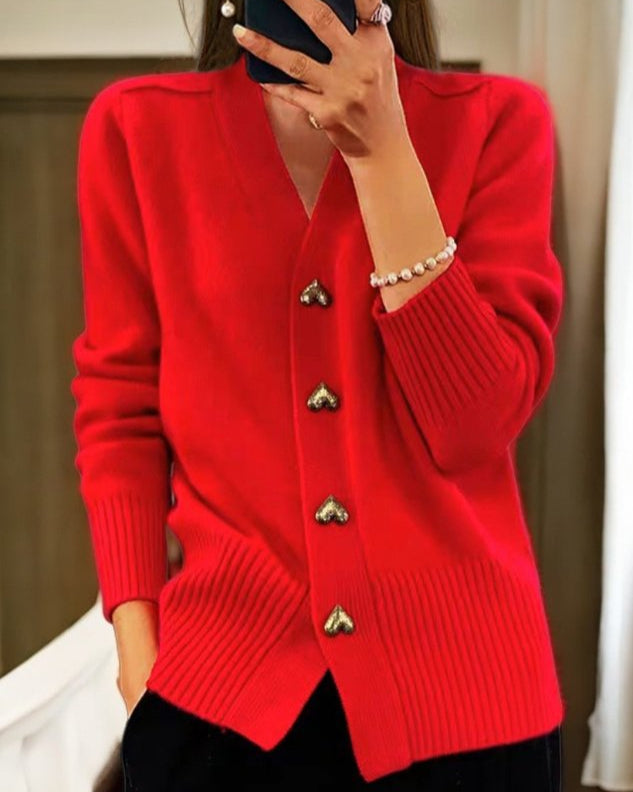V-Neck Heart Button Ribbed Knit Cardigan 5