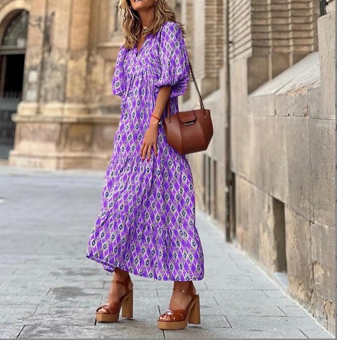 V-Neck Puff Sleeve Tiered Maxi Dress 11