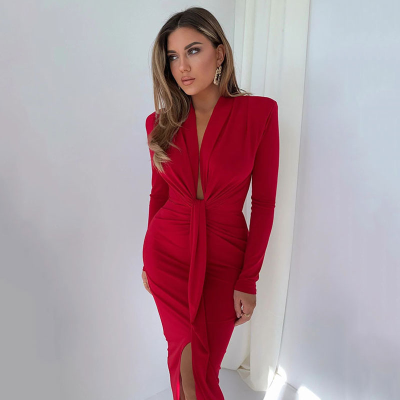 Ruched Shoulder Pad Deep V Split Front Cocktail Maxi Dress - Red - View 2