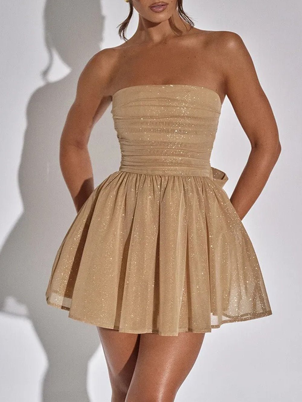 Glitter Tulle Strapless Ruched Fit and Flare Mini Dress
