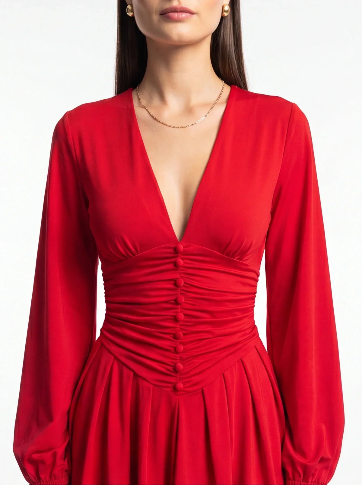 Deep V-Neck Ruched Button Front Long Sleeve A-Line Mini Dress - View 4