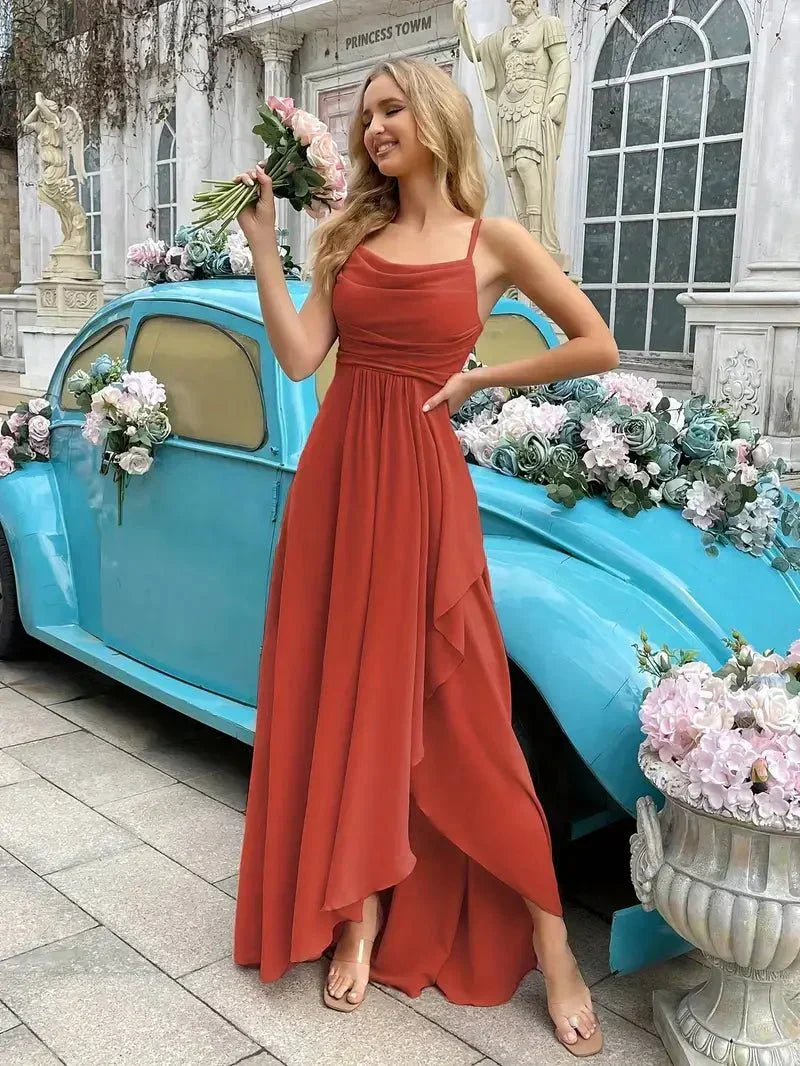 Chiffon Cowl Neck Spaghetti Strap Ruffle A-Line Maxi Dress - View 3
