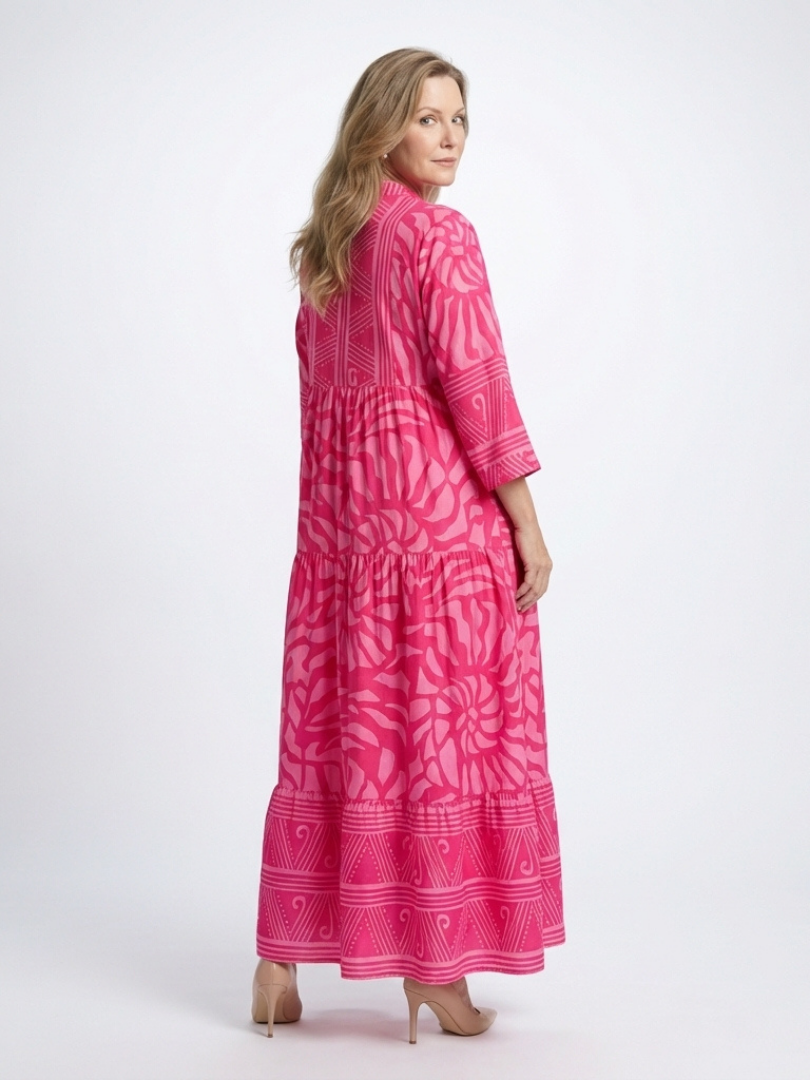 Abstract Print Band Collar Button Front Tiered Maxi Dress 2