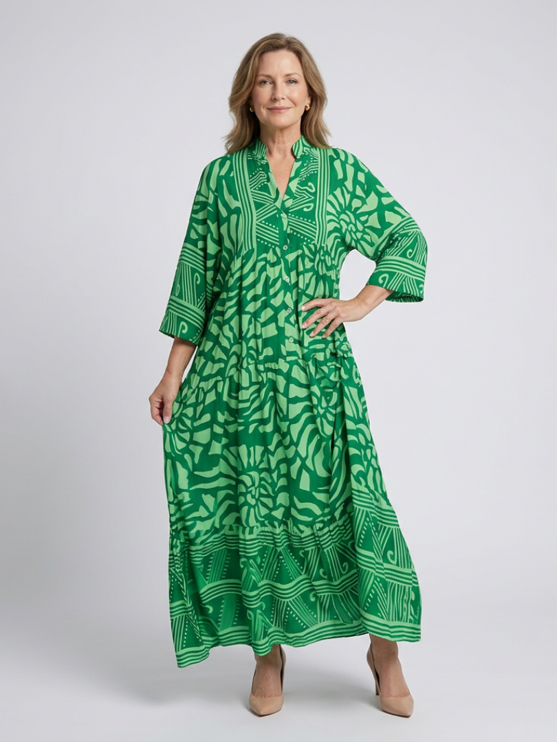 Abstract Print Band Collar Button Front Tiered Maxi Dress 6