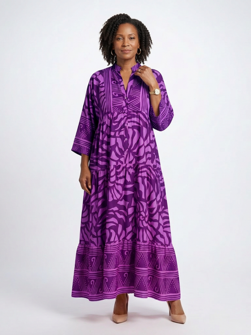 Abstract Print Band Collar Button Front Tiered Maxi Dress 5