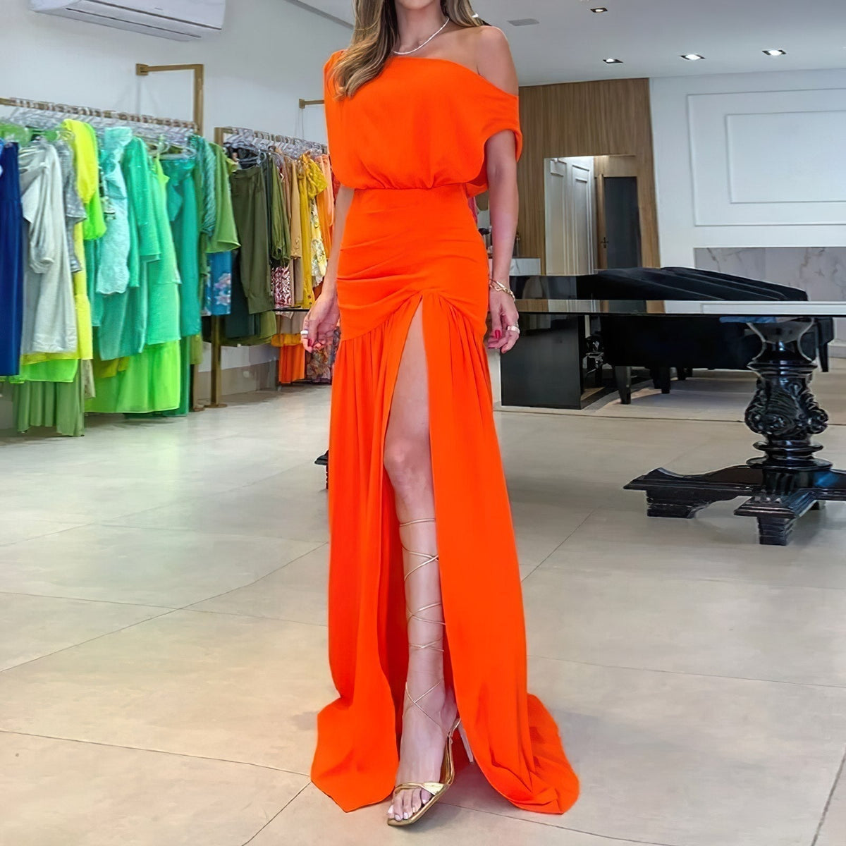 One Shoulder Draped Ruched High Split Maxi Gown - View 2