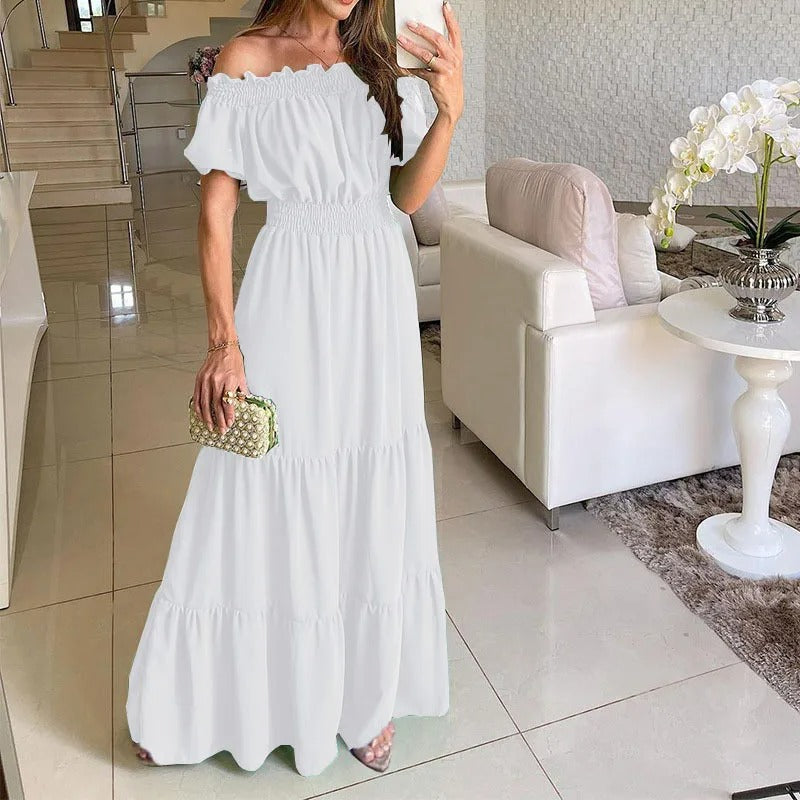 Off Shoulder Puff Sleeve Tie Front Smocked Waist Tiered Maxi Dress - View 6