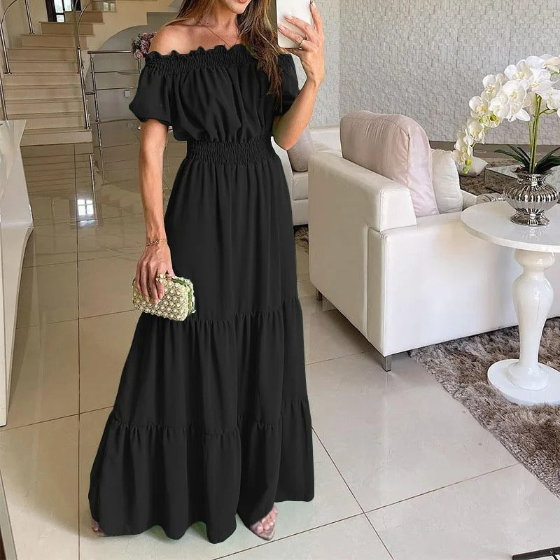 Off Shoulder Puff Sleeve Tie Front Smocked Waist Tiered Maxi Dress - View 7