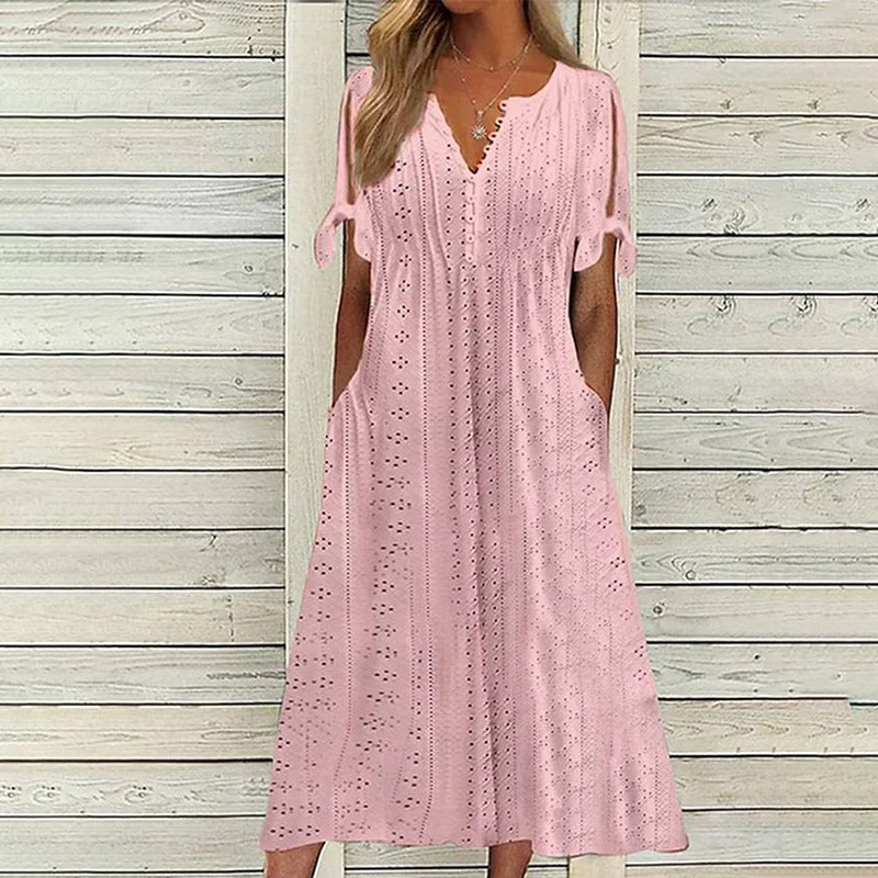 Eyelet V-Neck Button Front Tie Sleeve Side Pocket Midi Dress - View 4