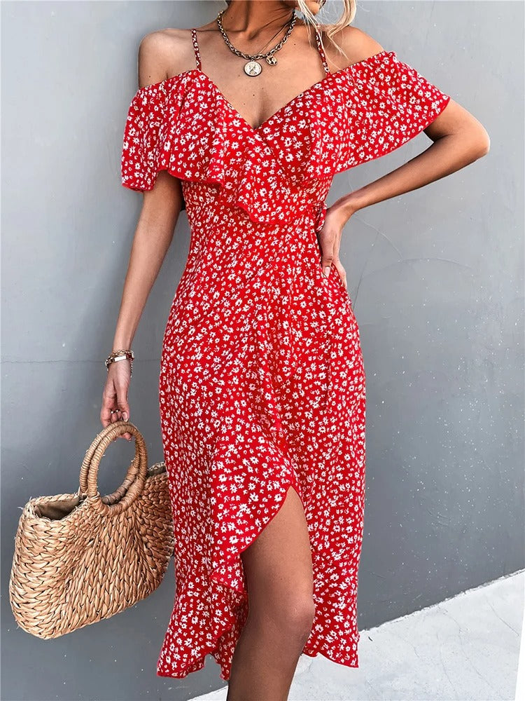 Floral Print Cold Shoulder Ruffle Wrap Midi Dress - View 2