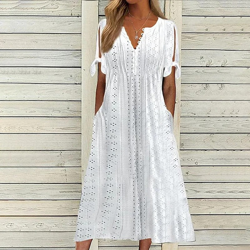 Eyelet V-Neck Button Down Tie Cuff Pocket Midi Summer Dress - View 5