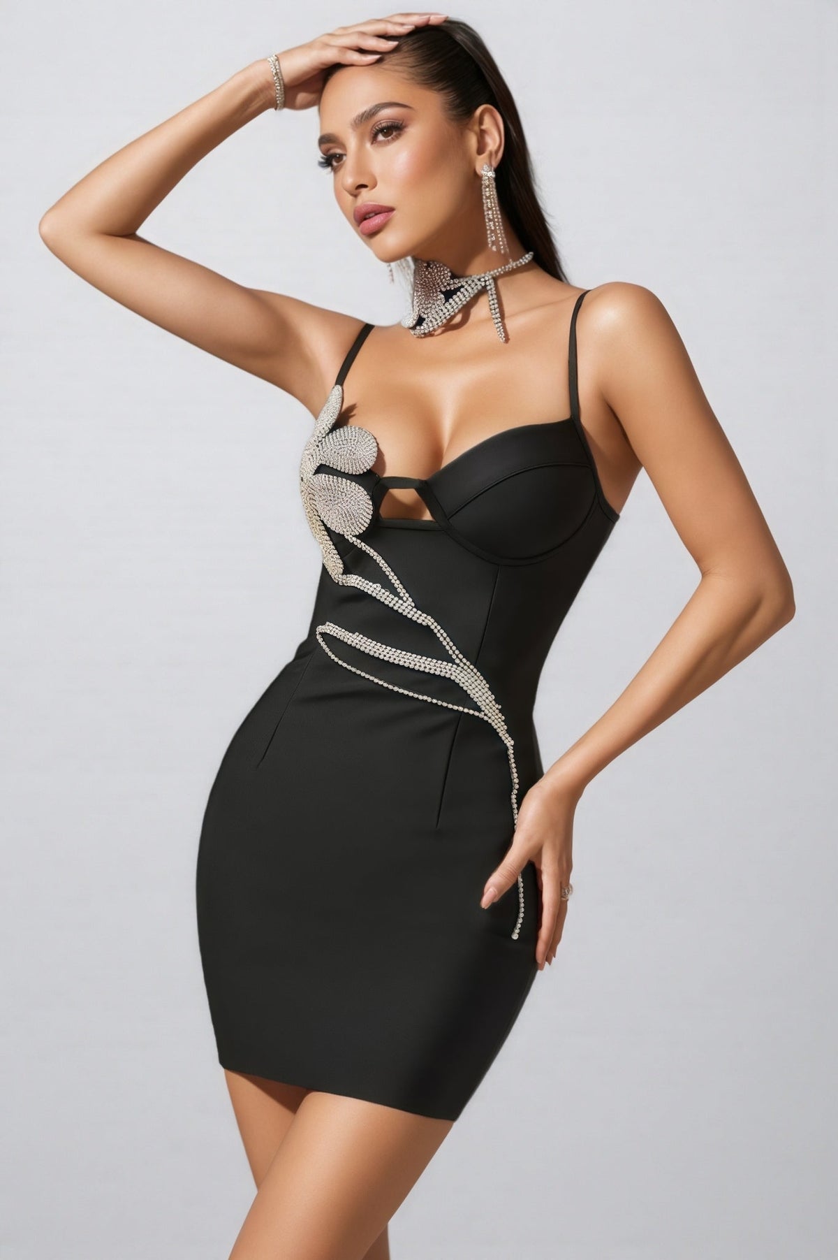 Rhinestone Floral Spaghetti Strap Bustier Bodycon Mini Dress - View 2