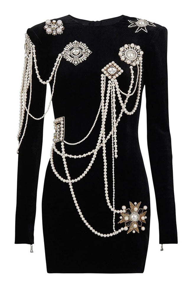 Velvet High Neck Long Sleeve Pearl Embellished Bodycon Mini Dress - View 6