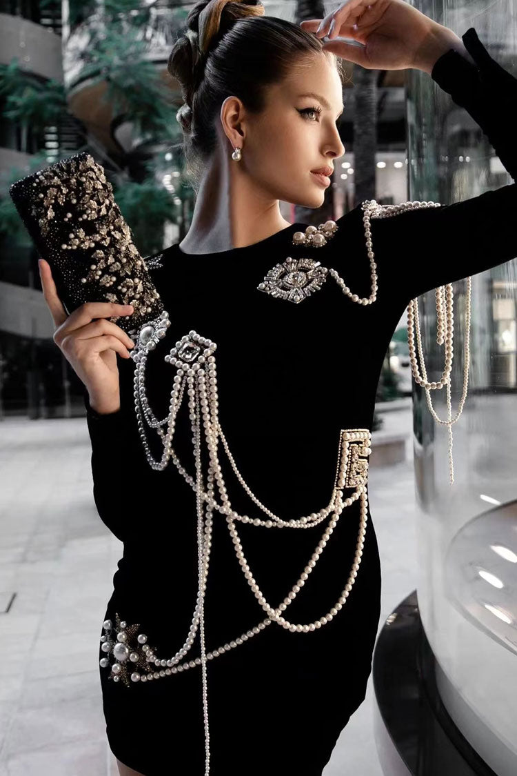 Velvet High Neck Long Sleeve Pearl Embellished Bodycon Mini Dress - View 2