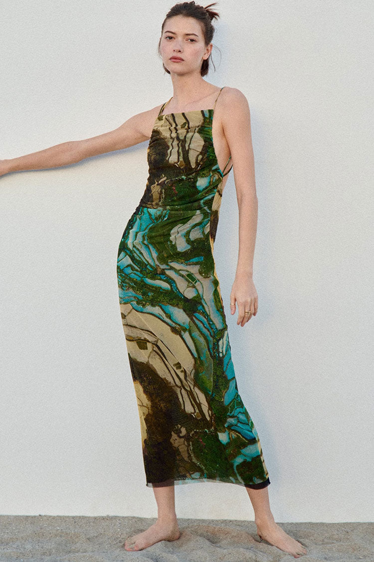 Vintage Square Neck Backless Ruched Mesh Midi Dress - Multicolor