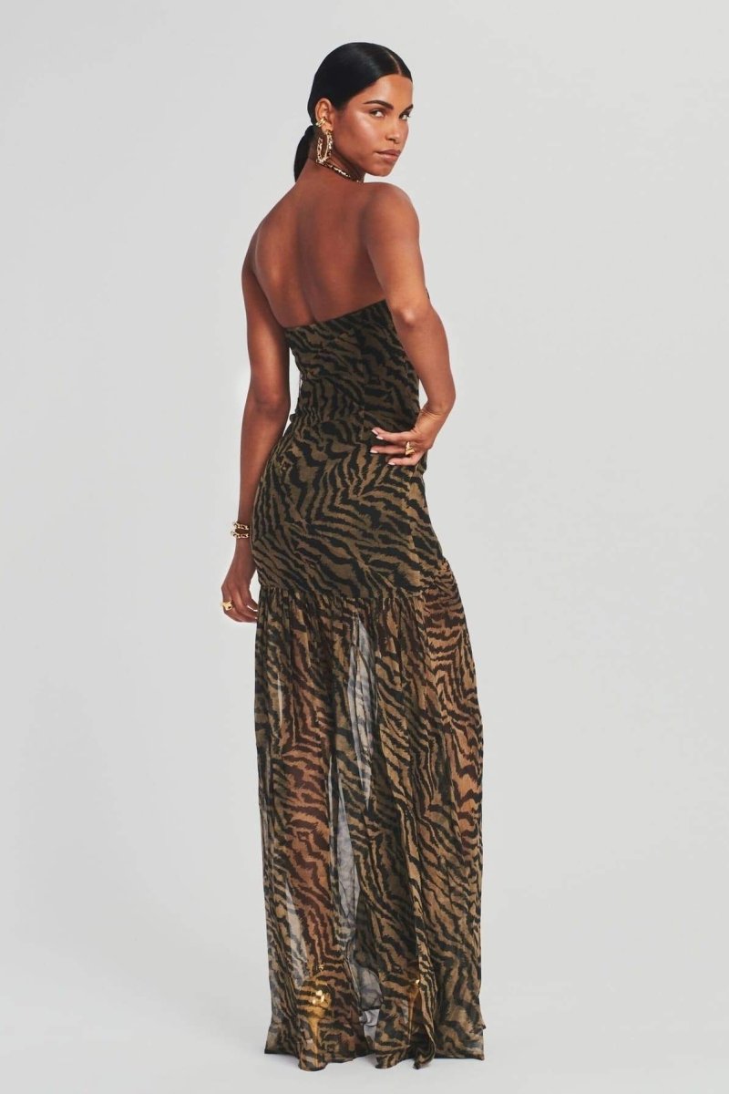 Tiger Stripe Strapless High Split Sheer Panel Maxi Gown - View 5