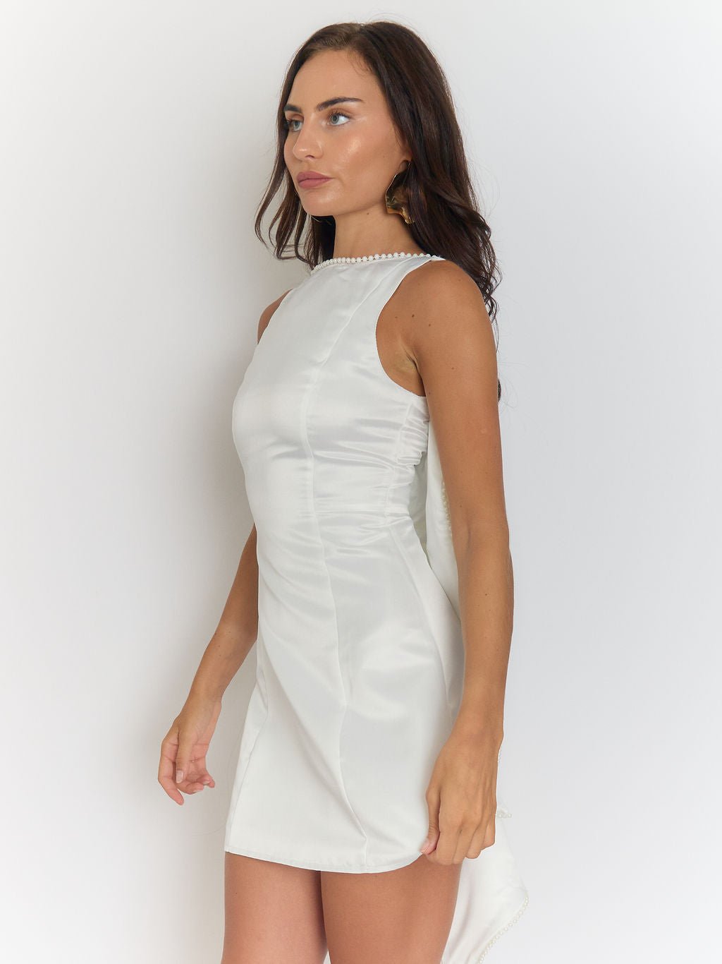 Vivian Pearl Bow Backless Mini Dress in White - View 5