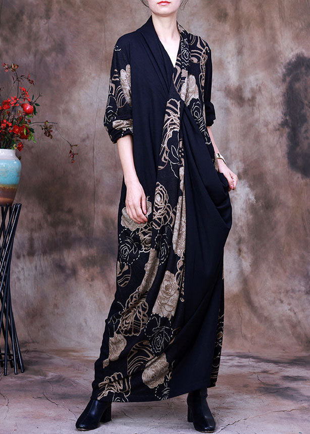 Rose Floral Print V-Neck Draped Wrap Three Quarter Sleeve Maxi Dress