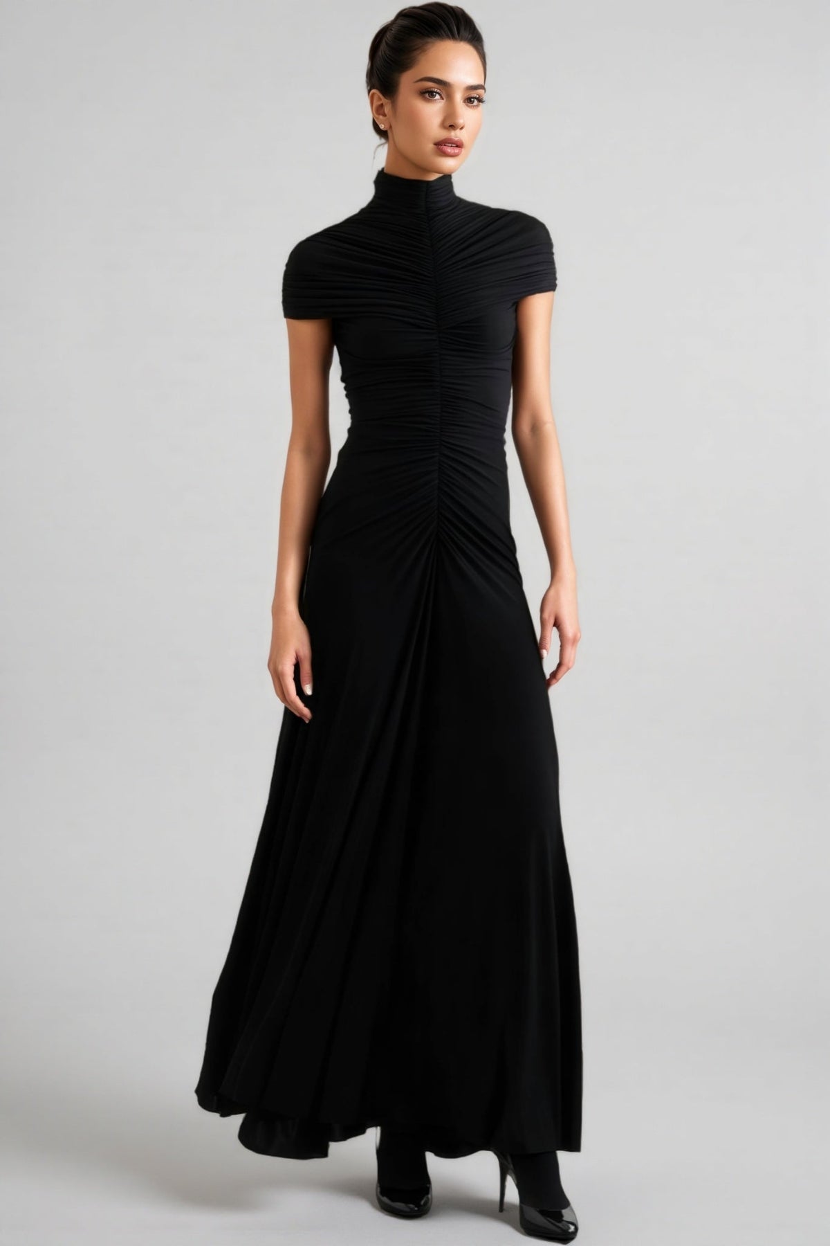 Corake Black Mesh Pleated Maxi Dress