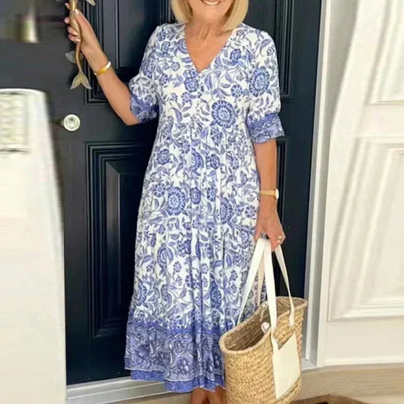 Floral Print V-Neck Button Front Ruffle Cuff Tiered Maxi Summer Dress