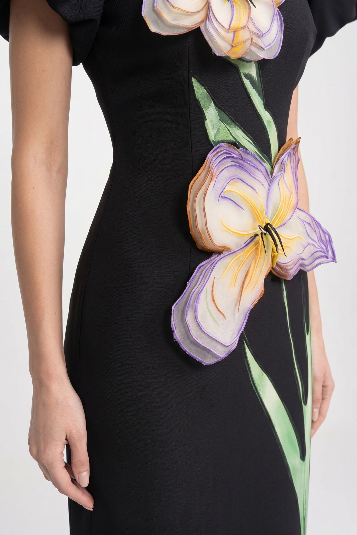 Structured Shoulder Maxi Dress With 3D Iris Floral Appliqué - Black - View 5