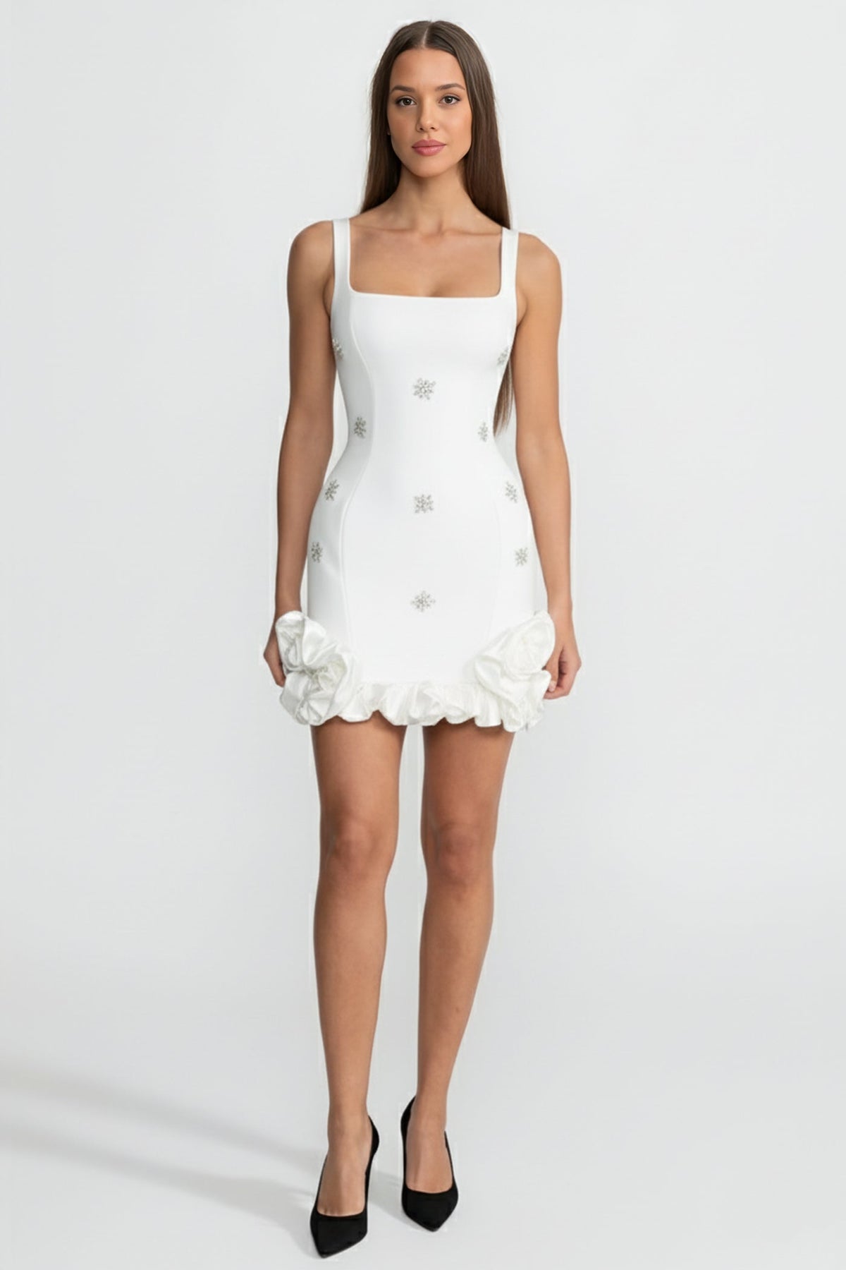 Embellished Bodycon Mini Dress With Crystal Flowers – White - View 3