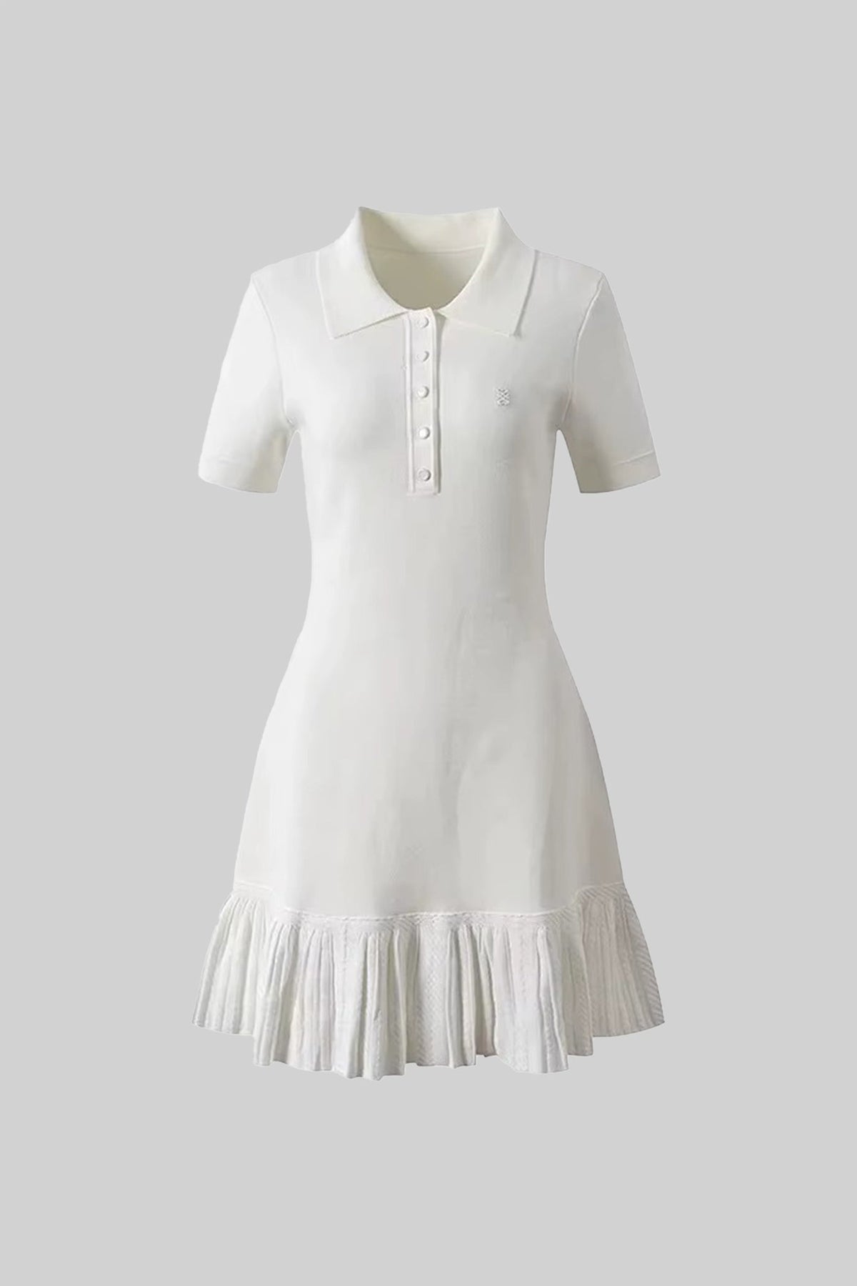 Short Sleeve Polo Mini Dress With Pleated Ruffle Hem - White - View 2