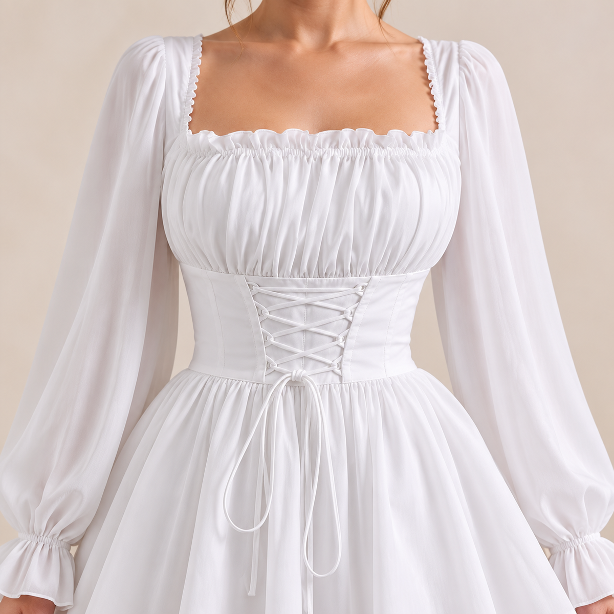 Square Neck Long Sleeve Corset Lace Up Skater Mini Dress 5