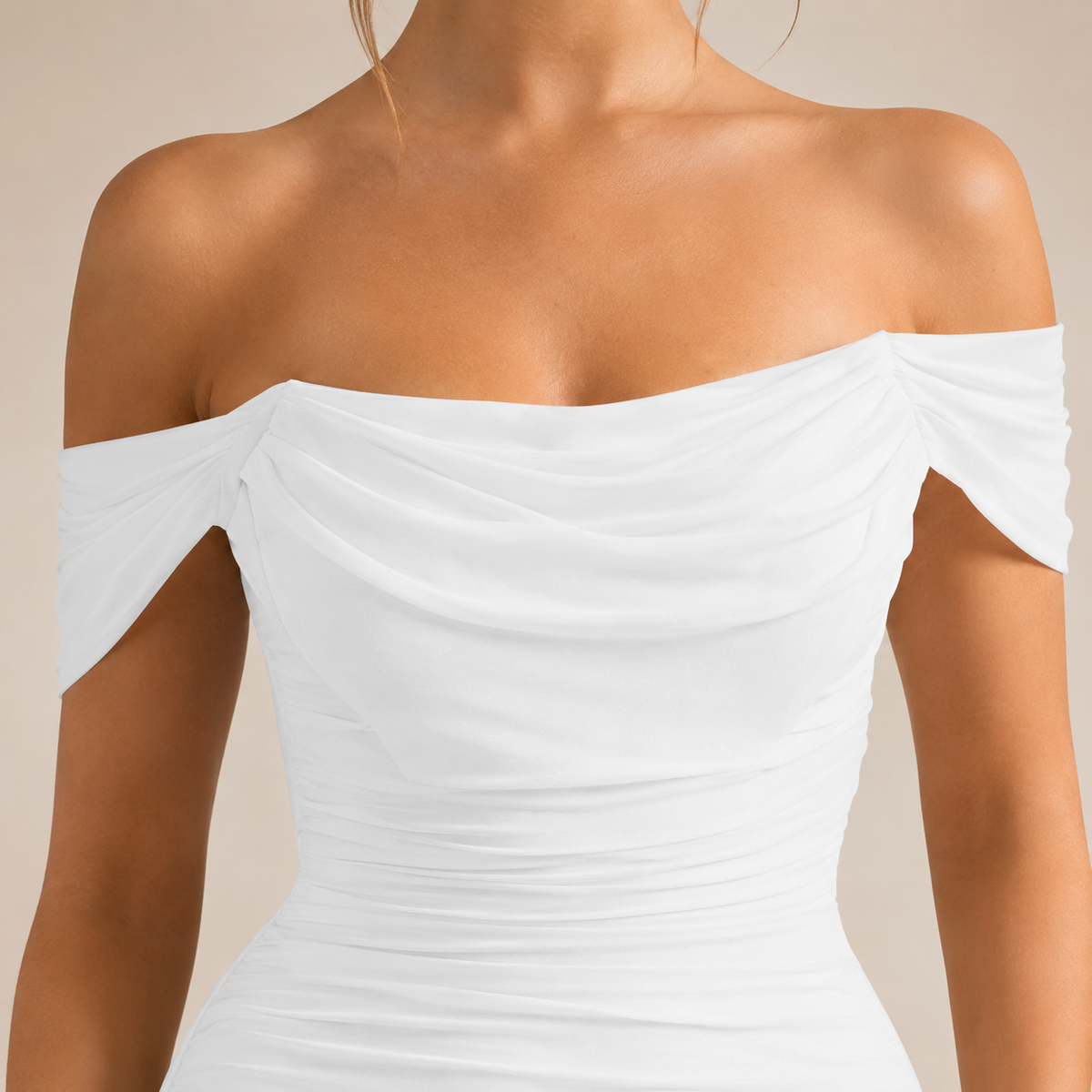 Off Shoulder Ruched Fishtail Maxi Gown 5