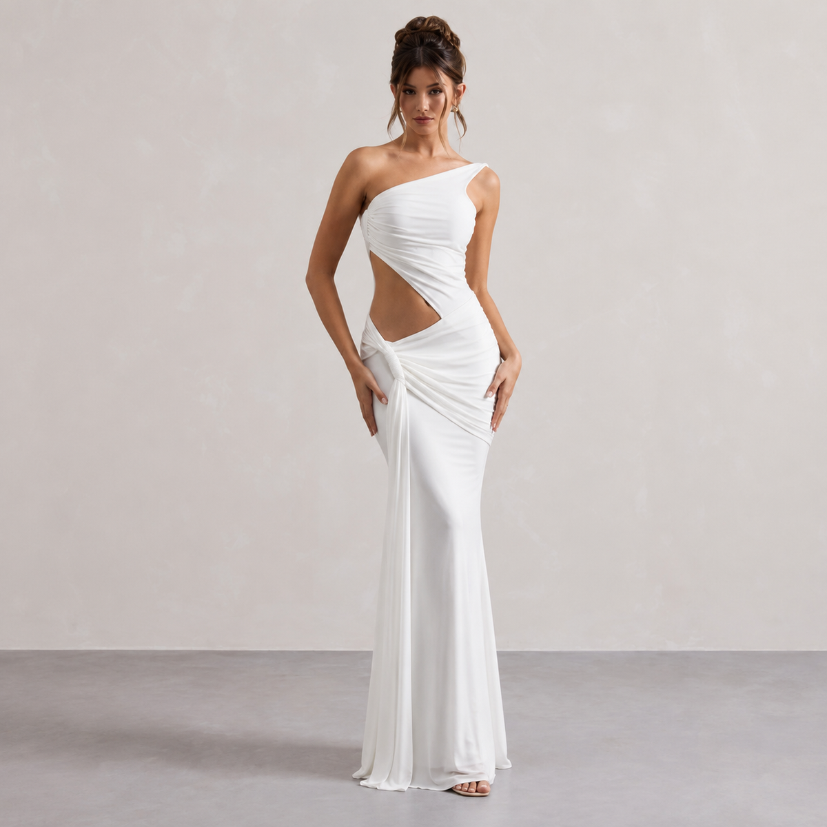 One Shoulder Waist Cut Out Ruched Fishtail Maxi Dress 4