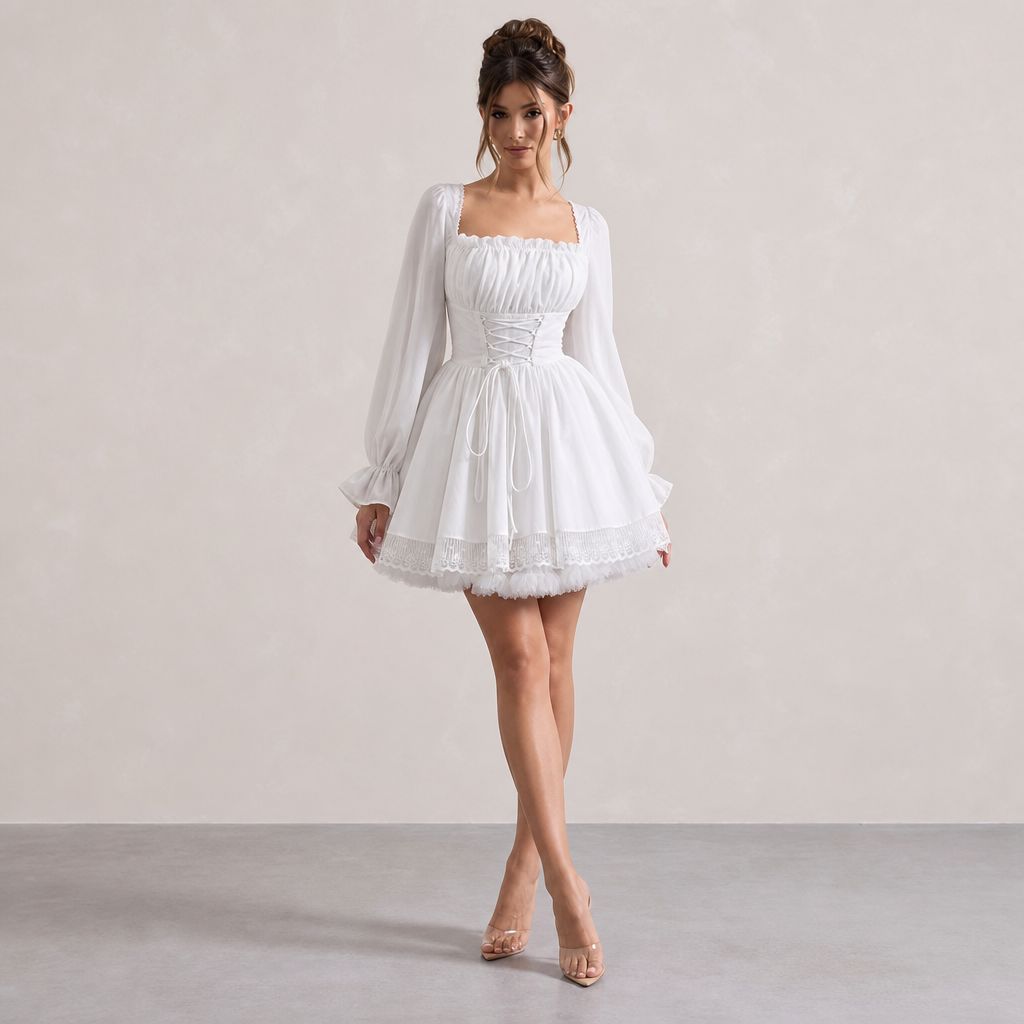 Square Neck Long Sleeve Corset Lace Up Skater Mini Dress 4