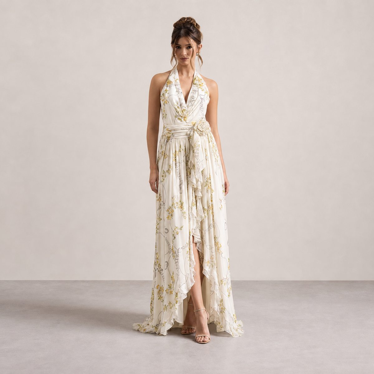 Ruffle Halter Deep V-Neck Rosette High Low Chiffon Maxi Dress 13
