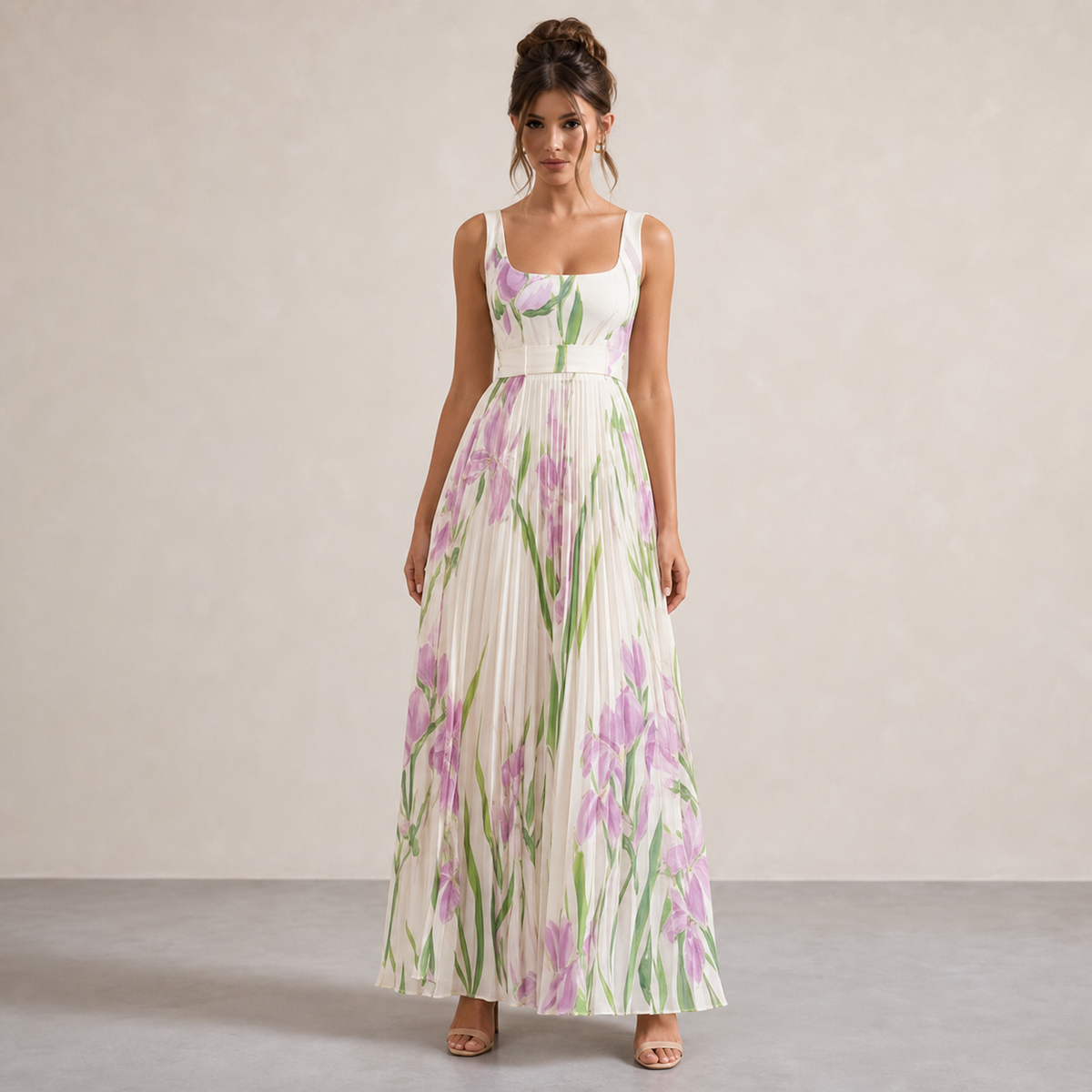 Square Neck Belted Floral Pleated Maxi Dress