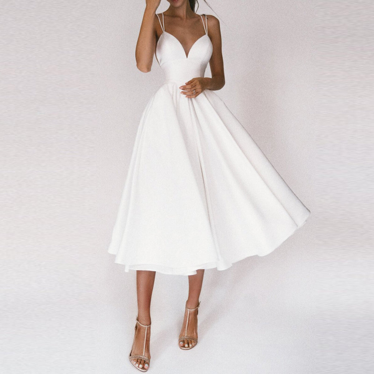 Spaghetti Strap Cross Back Backless Fit and Flare Midi Cocktail Dress - View 7