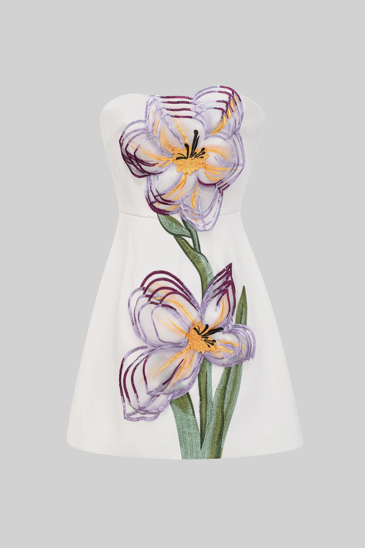 Strapless Mini Dress With 3D Iris Floral Appliqué - White - View 2