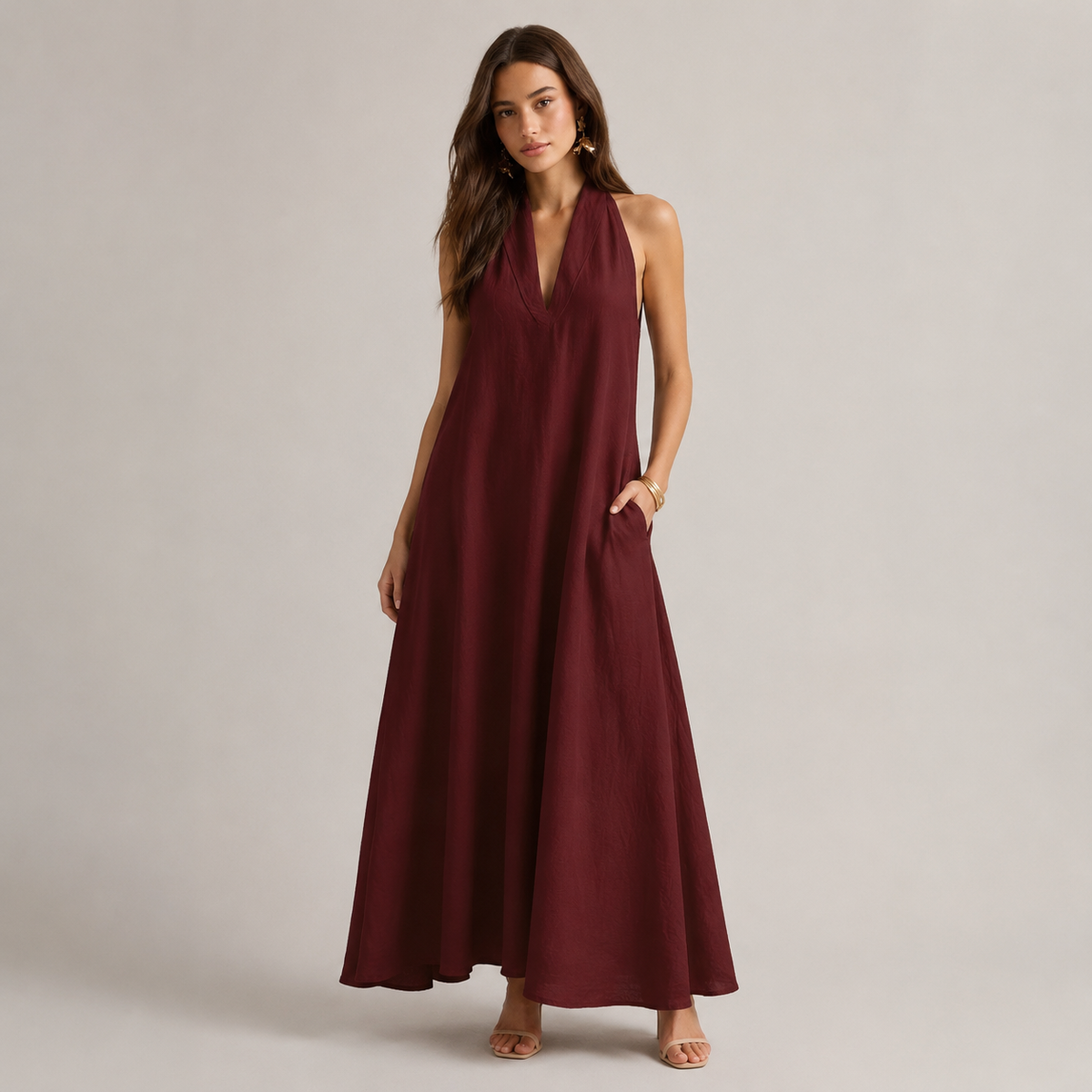 Halter V-Neck Sleeveless A-Line Linen Maxi Dress 10