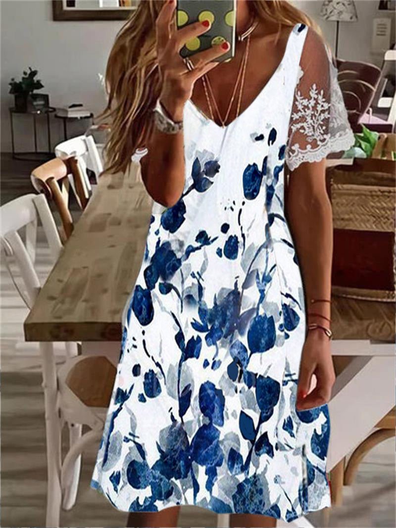V-Neck Lace Short Sleeve Relaxed Shift Mini Summer Dress